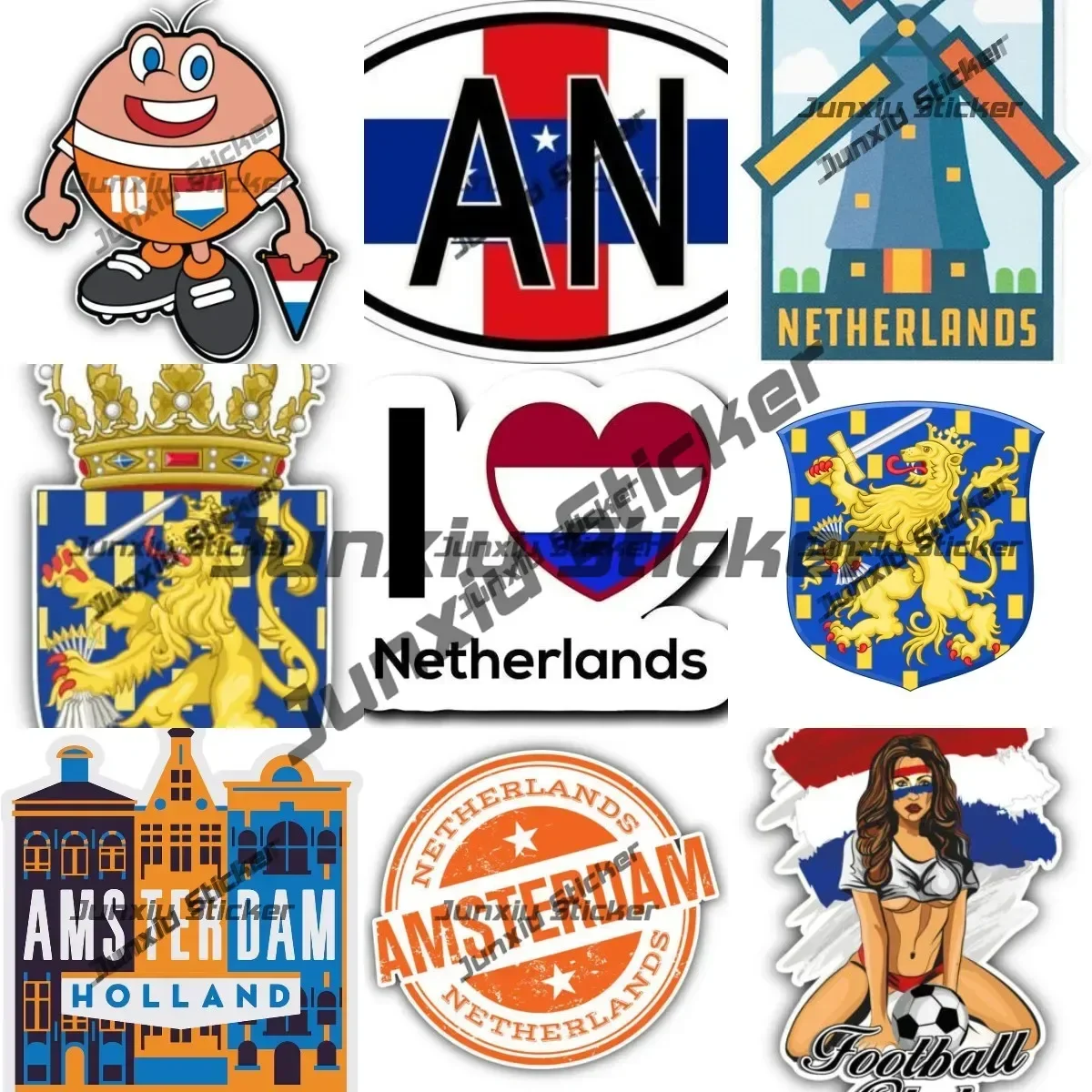 

Royal Coat of Arms of Netherlands Sticker Amsterdan Netherlands Flag Soccer Player Slogan Cartoon Fan Girl Decal Accessories