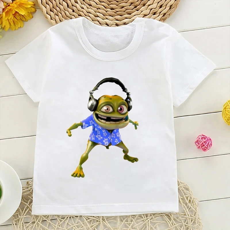 2024 New Summer Fashion Boys Pure Cotton T-shirt Fun Crazy Frog Anime Cartoon Print Children\'s Short Sleeve Hip Hop White Top