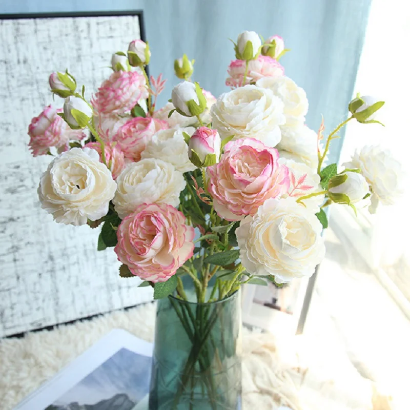 Simulation Peony Rose Bouquet Artificial Silk Flowers Green Plants Wedding Home Garden Party Decoration Crafts Pink White Roses