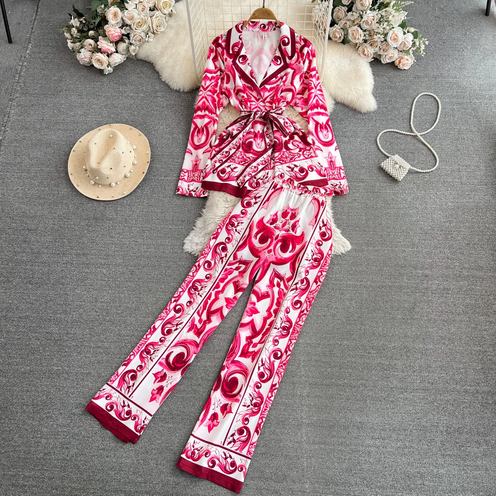 JAMERARY Autumn Porcelain Floral Two Piece Sets Women Long Sleeve Shirts Red White Blouses + Skinny Pants Suits Runway