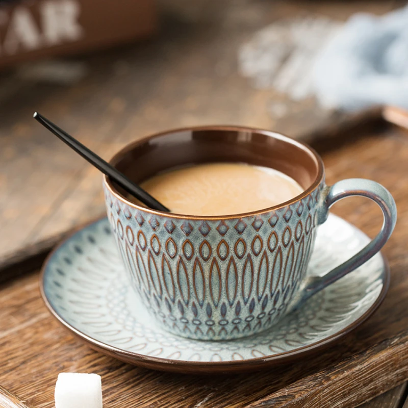 

Coffee mug ceramic cup and saucer set mug small Japanese relief retro exquisite American Cup pull flower ins Cup.