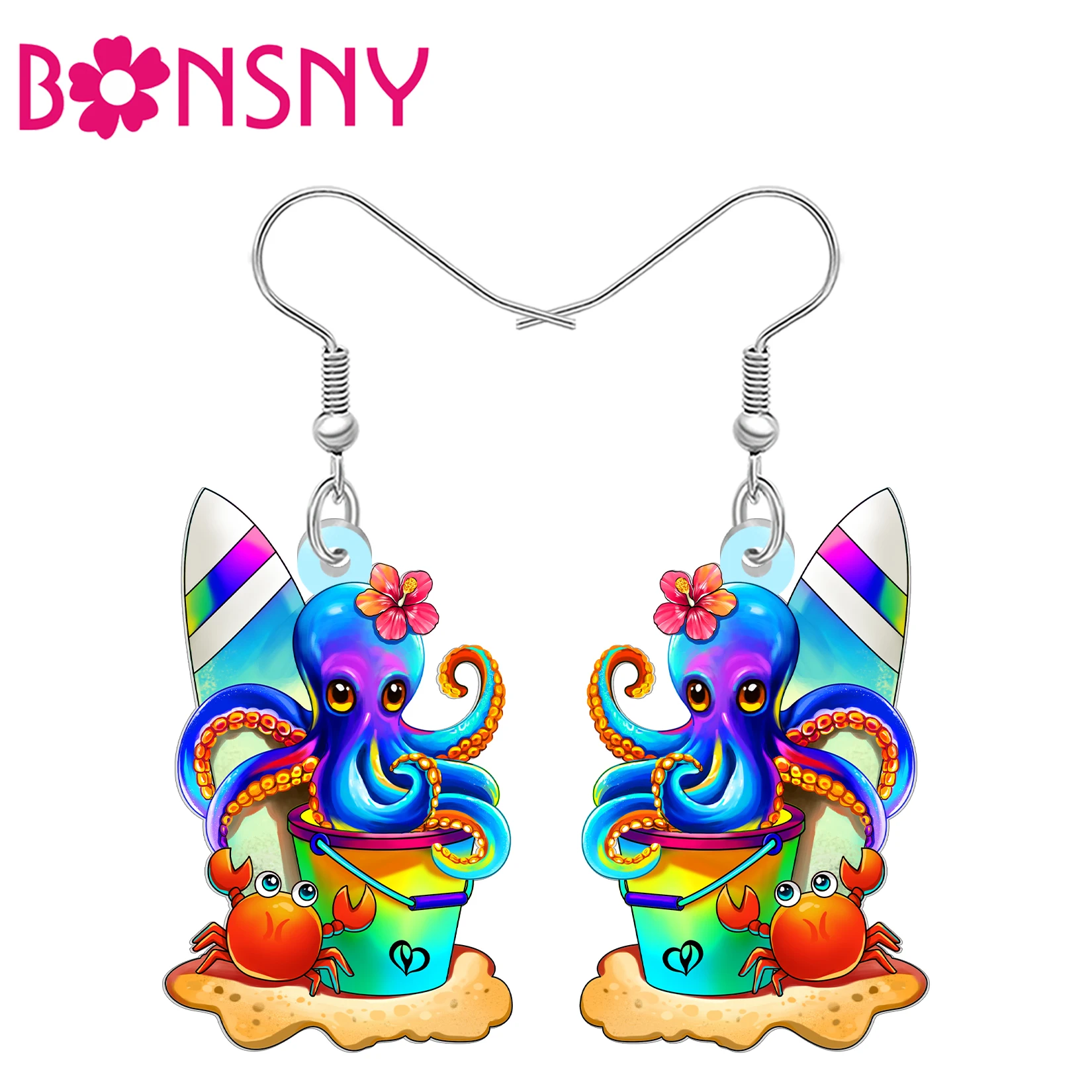 BONSNY Acrylic Colorful Octopus Dangle Earrings Funny Tropical Sea Animal Surfboard Summer Beach Jewelry Hawaii Gifts for Women