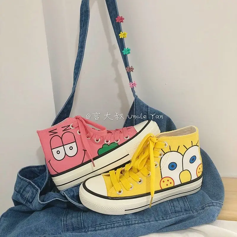 SpongeBob SquarePants plus size Hand Painted High Top Canvas For Women 2024 New Korean Versatile Student Board men shoes