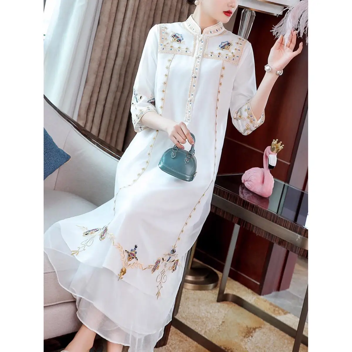 

Embroidered Mid-Length Chiffon Dresses Women Vintage Loose Cheongsam Chinese Ethnic Style Tang Dresses