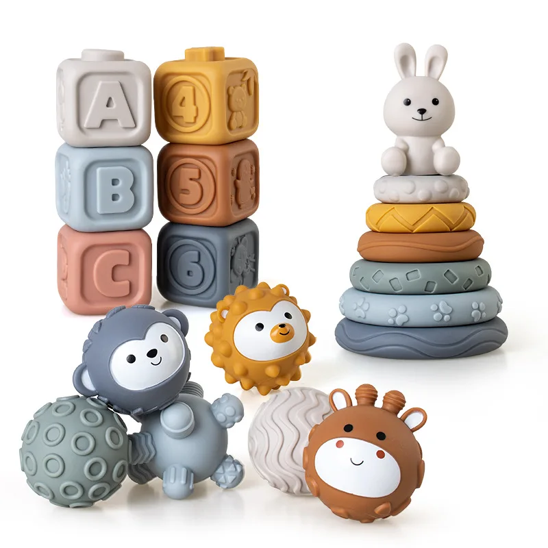 ของเล่นลูกบอลจับถนัดมือสำหรับเด็กทารกและเด็กเล็ก ทำจากพลาสติกนิ่ม รูปทรงสี่เหลี่ยม วงกลม สามารถซ้อนกันได้ ของเล่นบีบและสัมผัส