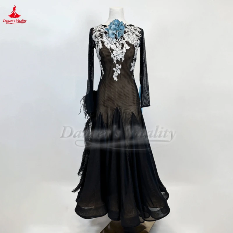 Waltz Foxtrot Quickstep 긴 소매 V 자형 백 드레스 맞춤형 성인 및 어린이 볼룸 댄스 전문 경쟁 의류