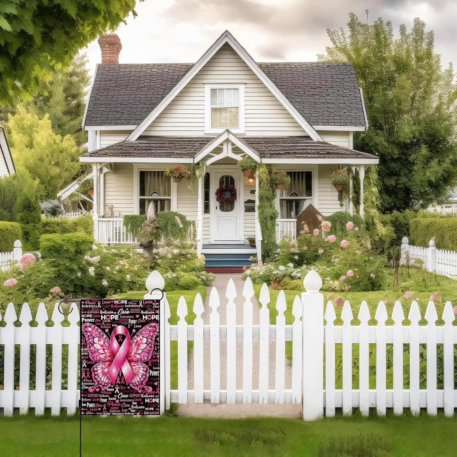 Breast Cancer Awareness Garden Flag Double Sided Outdoor Breast Cancer Pink Ribbon Butterfly Decorations Support Peace Hope  yyi