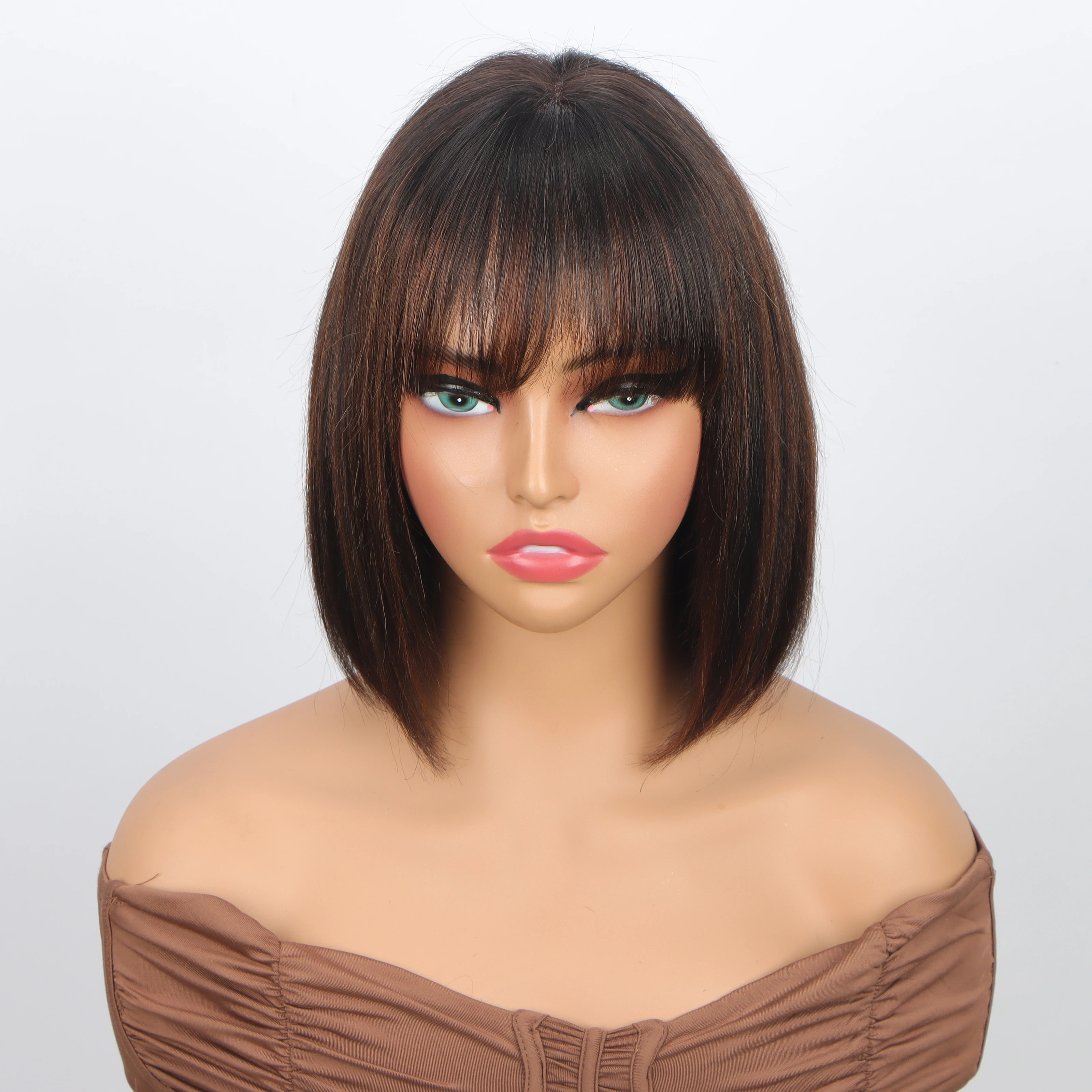 Brown Highlight 3x1 Lace Human Hair and Go Realistic Yaki Straight Short Bob with Bangs Minimalist Lace  Human Hair Wig