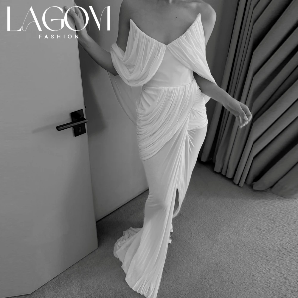 Lagom Customized Sexy Sleeveless Pleated V-Neck Floor-Length Unique Mermaid High Slit Formal Evening Dress Exquisite شارون سعيد