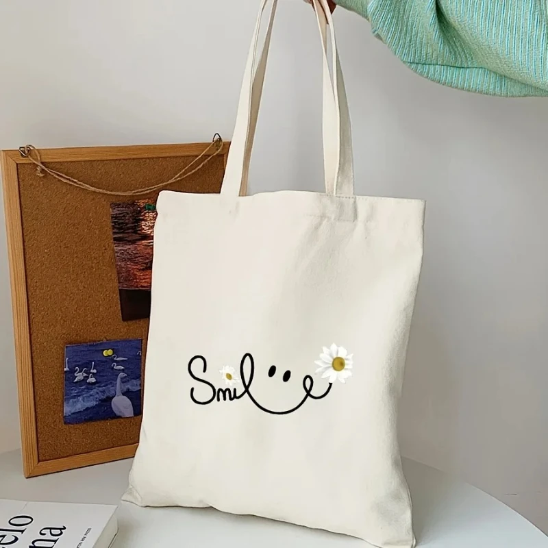 Women's Large Capacity Tote Bag with Smile Daisy Print - White Black Reusable Shoulder Bag for Shopping, Casual Carryall