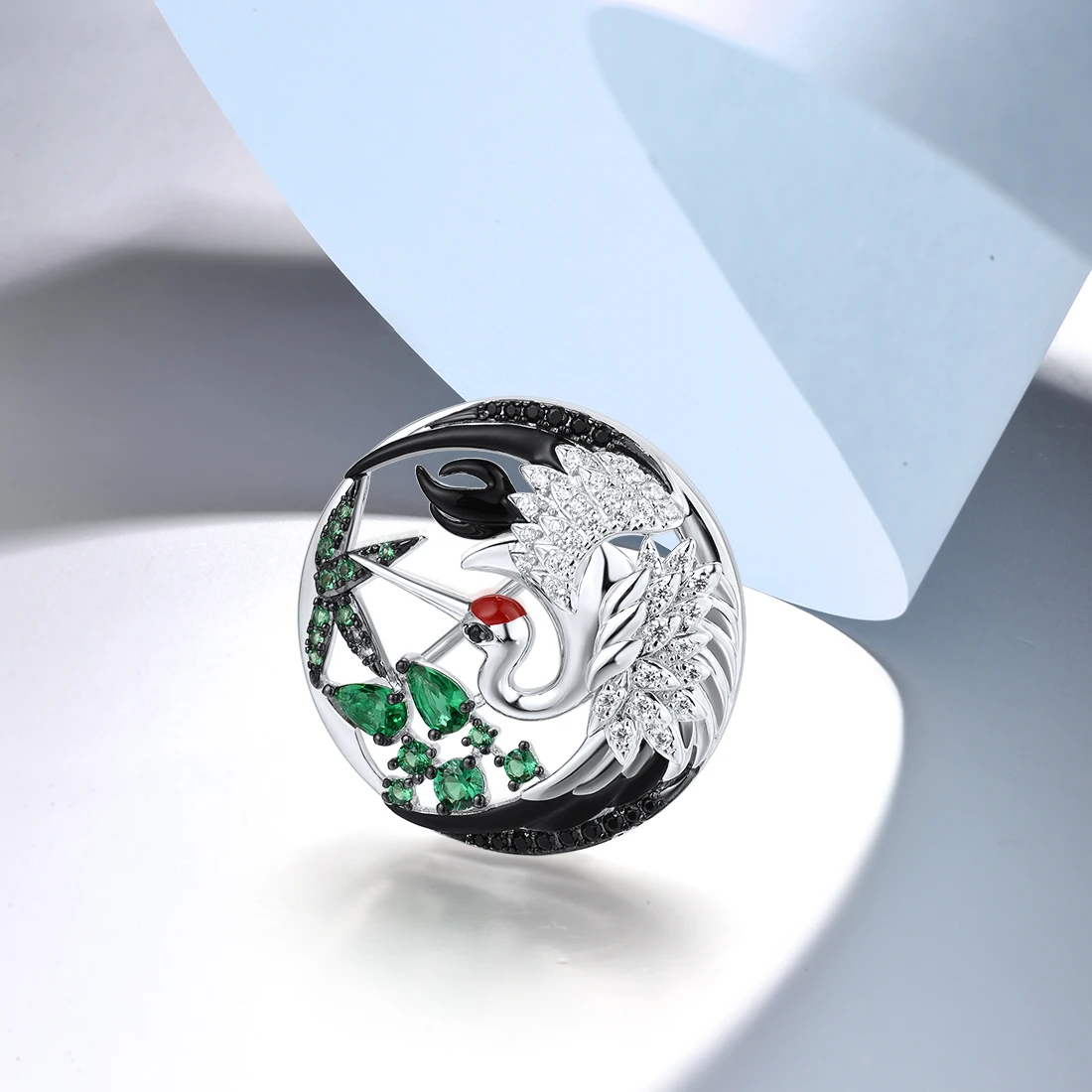 SANTUZZA Pure 925 Silver Brooch For Women Shiny White CZ Green Black Spinel Lively Red-Crowned Crane Party Gifts Fine Jewelry image 4