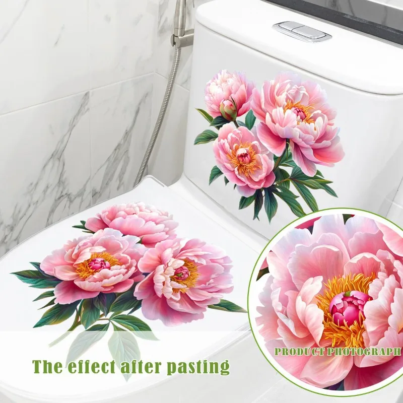 New Painted Pink Flower Rose Bathroom Waterproof Toilet Cover Toilet Sticker Self-adhesive Sticker Decoration for Toilet
