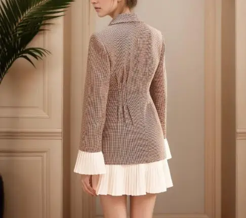 

Womens Dresses 2025 Spring Autumn Fashion Plaid Color Blocked Notched Collar Long Sleeve Pleated Patchwork Hem Temperament Dress