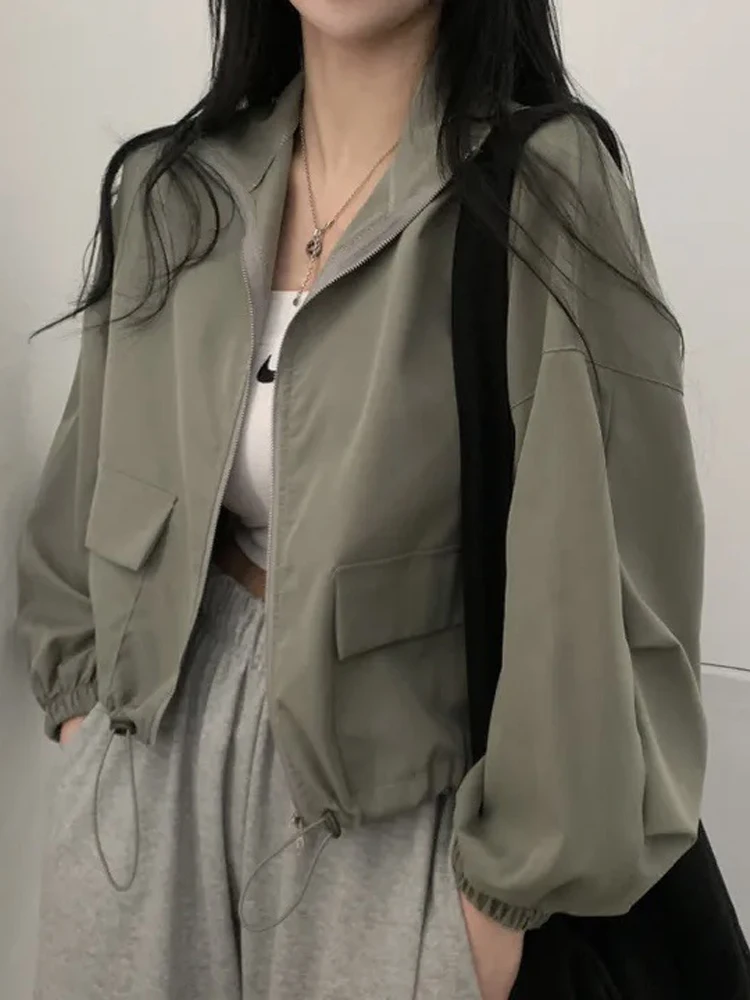 

Women Autumn Vintage Short Baseball Coat Female Korean Fashion Zipper Outerwear Casual Loose All-Match Jackets