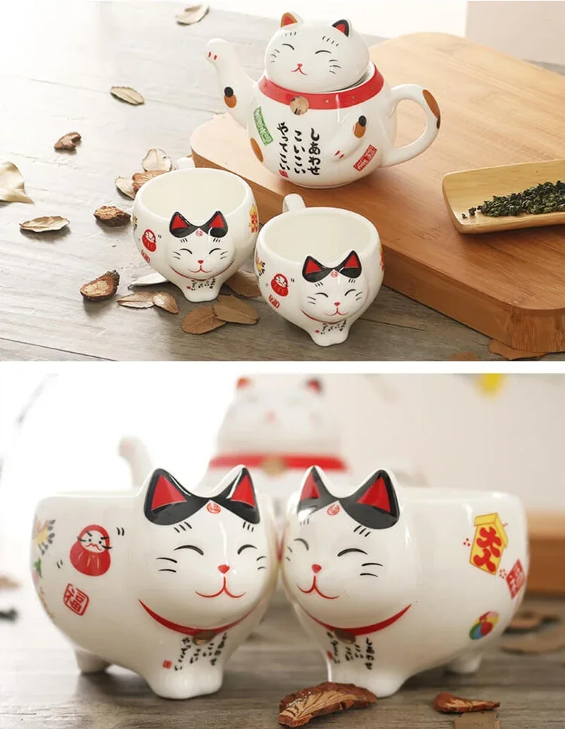 Cute Japanese Lucky Cat Porcelain Tea Set Creative Maneki Neko Ceramic Tea Cup Pot with Strainer Lovely Plutus Cat Teapot Mug