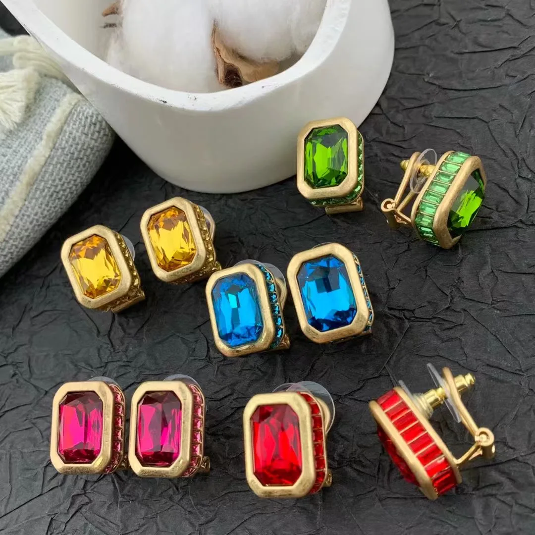 

Medieval Vintage 24K Gold platings Colored rhinestone earrings for women's girl ear stud jewelry wholesale