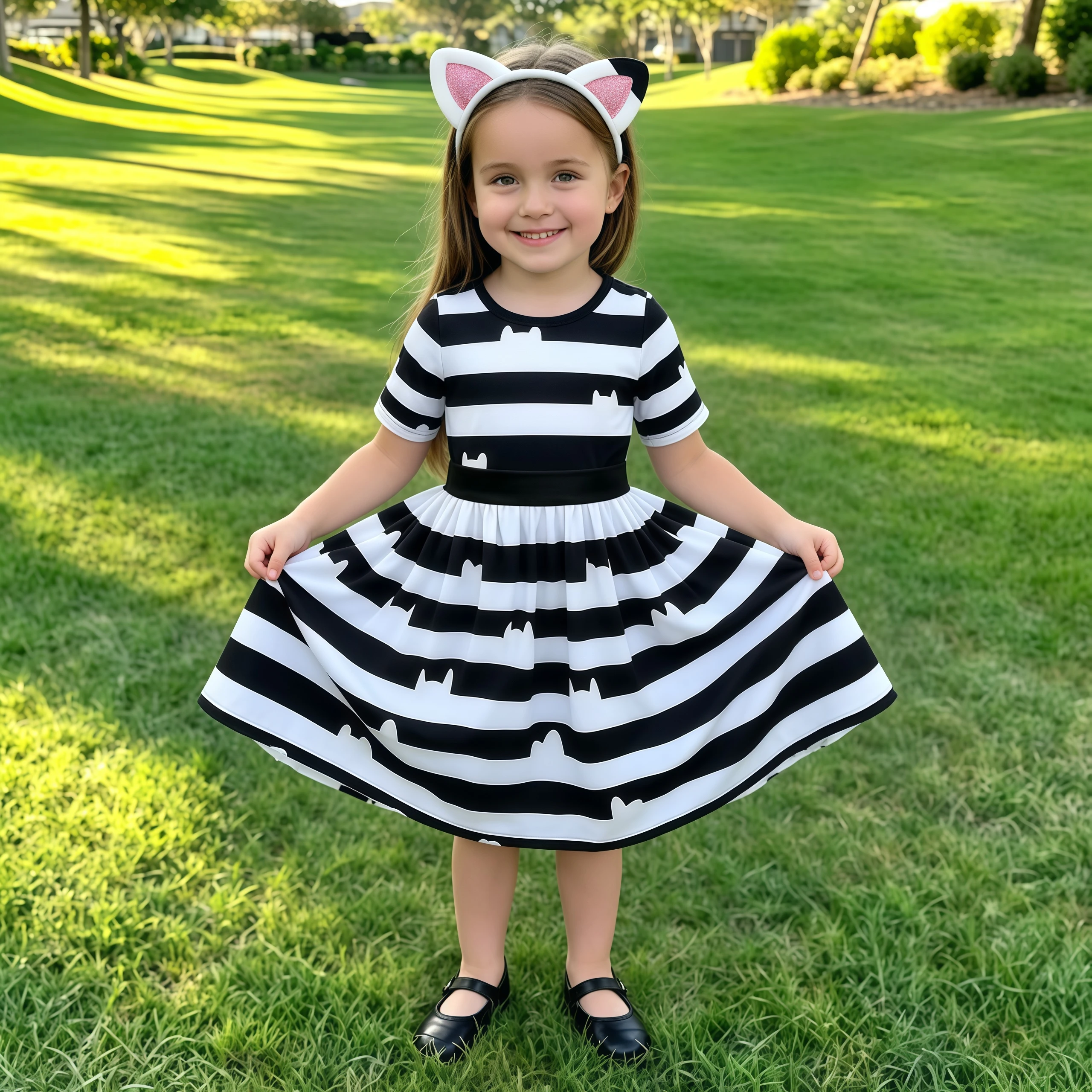 Summer Girls Black White Short Sleeve Cat Striped Princess Dress With Headband Halloween Cosplay Birthday Party Carnival Clothes