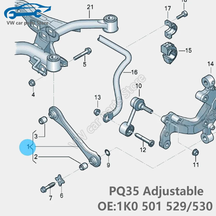 1K0501529/530 2PCS PQ35 General Adjustable Rear lower Control arm For VW Golf Jetta Passat CC Tiguan Sciricco SKODA 1K0 501 529