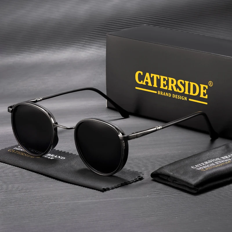 CATERSIDE Polarisierte runde Sonnenbrille für Herren, Hip-Hop-Stil, Metallrahmen, Federscharnier, Sonnenbrille für Damen, zum Fahren, Angeln, UV400 – Detail 3
