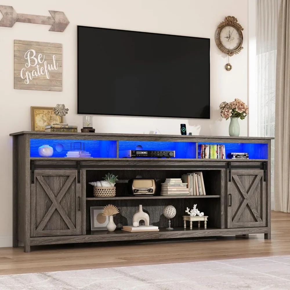 

80" LED Farmhouse TV Stand for 90/85/80 Inch TVs,Tall Entertainment Center Storage Cabinets w/Power Outlets and Sliding Barn