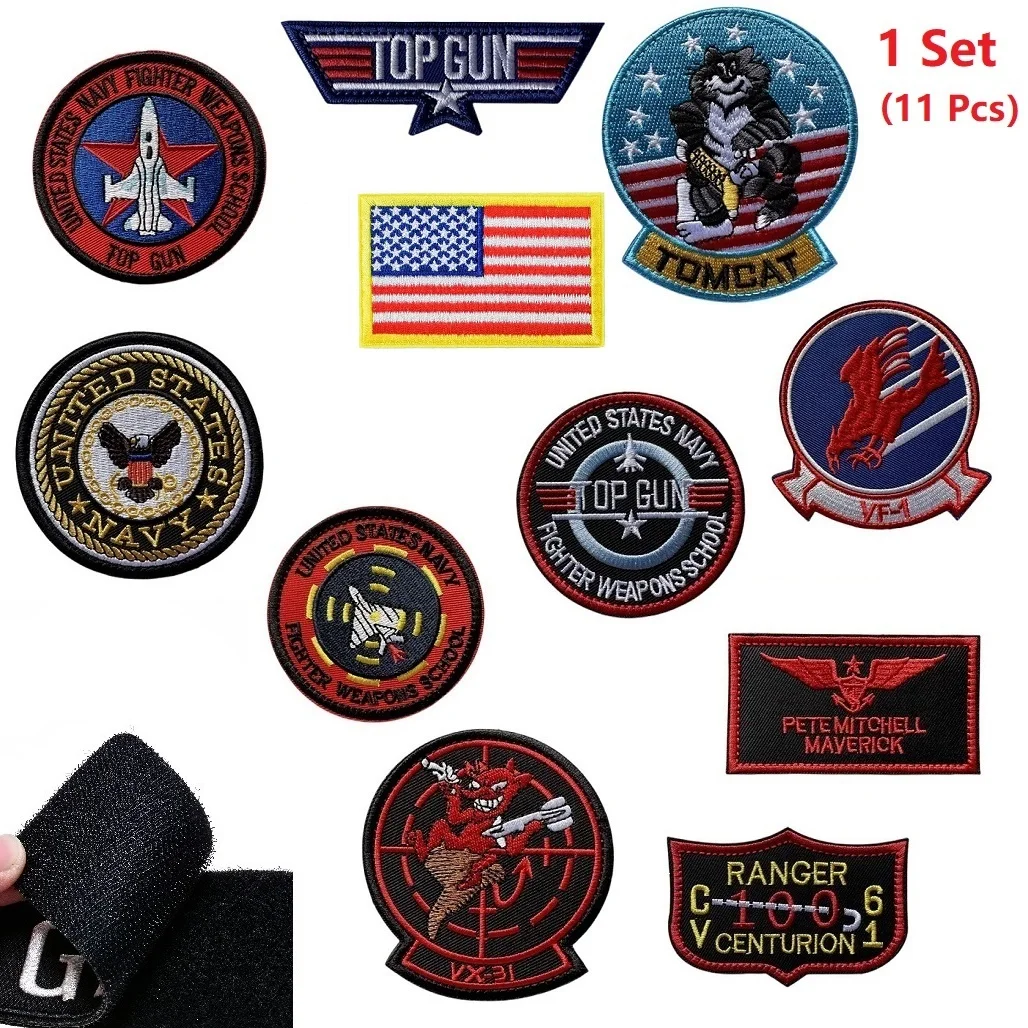 11Pcs/Set Top Gun Tomcat Embroidery Patch Chapter American VF-1 Pilot  Armband Clothes Badge Jacket Sticker .Hook Loop