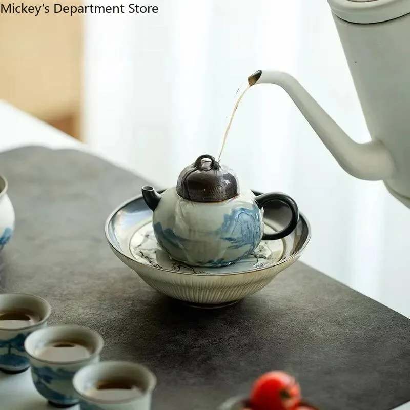 Pure Hand-painted Plum Blossom Ceramic Pot Bearing Holder Dry Brew Table Tea Tray Double Layer Water Storage Tray Tea Ceremony