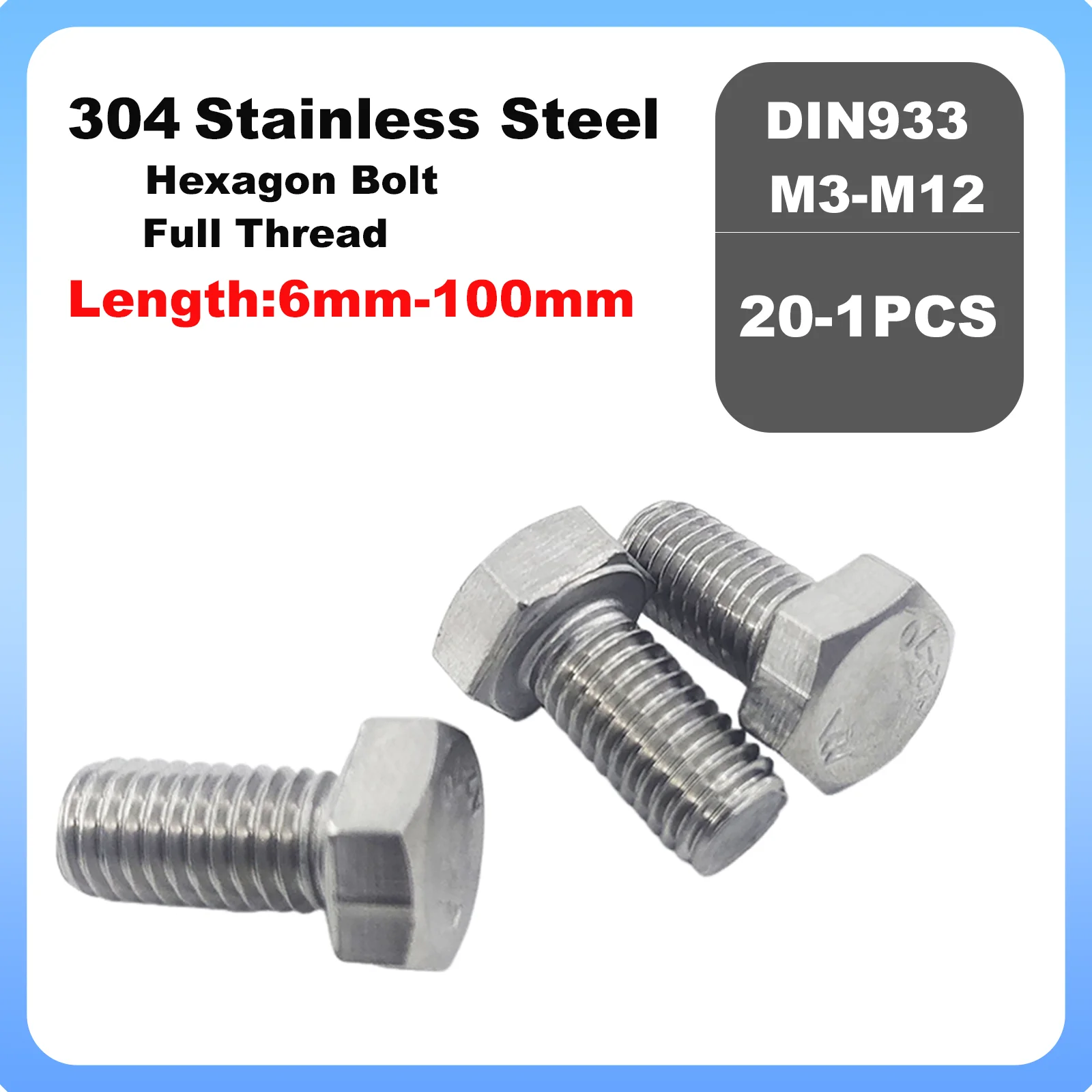 1/10Pcs M3 M4 M5 M6 M8 M10 M12 DIN933 GB5783 304 Stainless External Hex Full Thread External Outside Hexagon Head Cap Screw Bolt