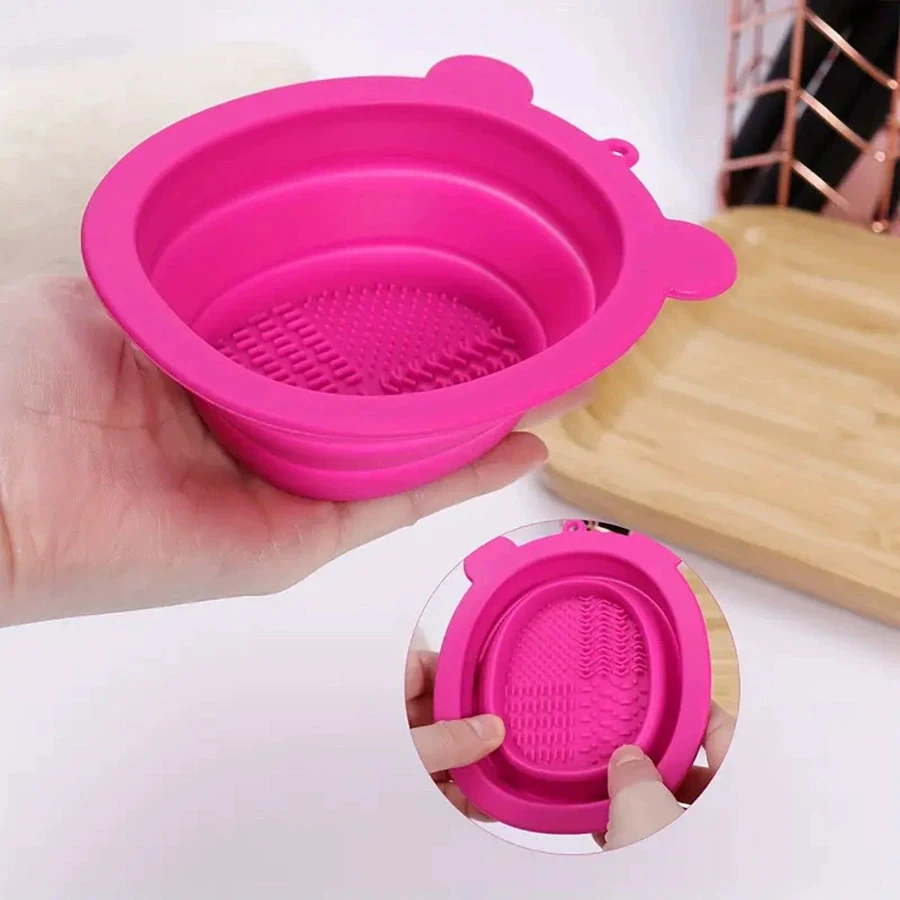 Foldable Silicone Cleaning Bowl in Bear Shape – Makeup Brush Cleansing Pad, Multi-functional Makeup Tool Washing Mat