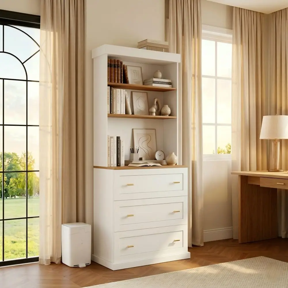 71 High White Wooden Bookshelf with Adjustable Shelves and Open Storage for Living Room or Office