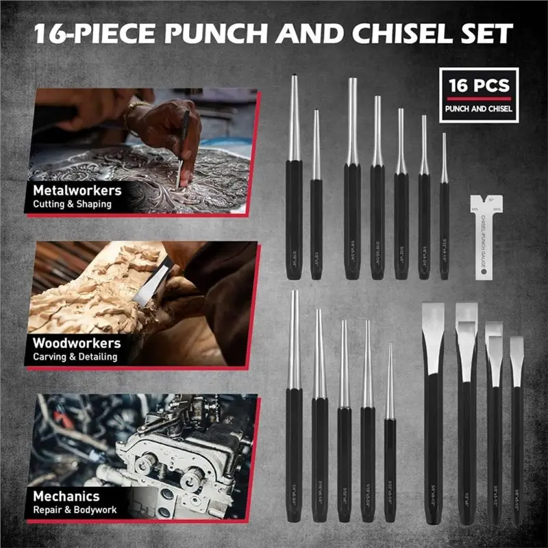WCS-25-Piece Punch And Chisel Set With Roll Pin Punches, Includes Taper, Pin, Center Punches & Cold Chisels For Metalworking