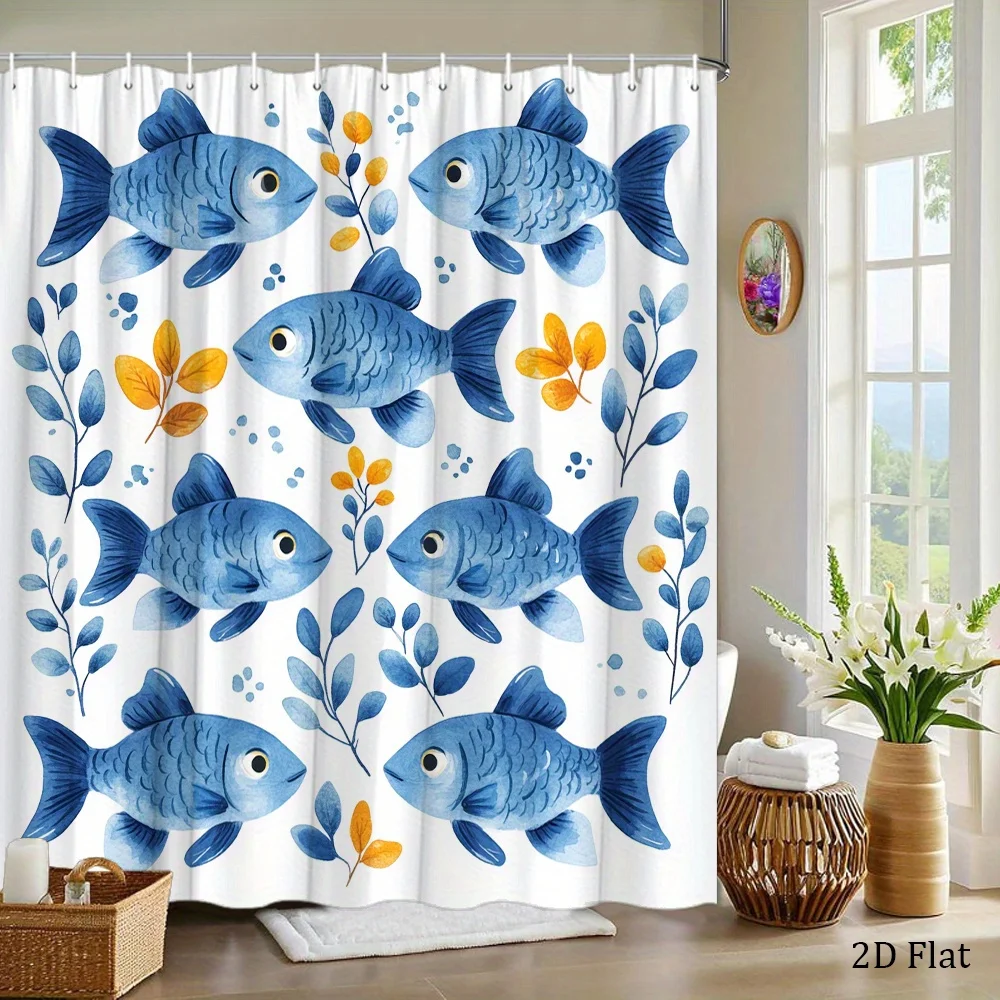 Vibrant Blue Fish and Floral Pattern Shower Curtain Waterproof Bathroom Decor for Modern Home Bathroom Shower Curtain