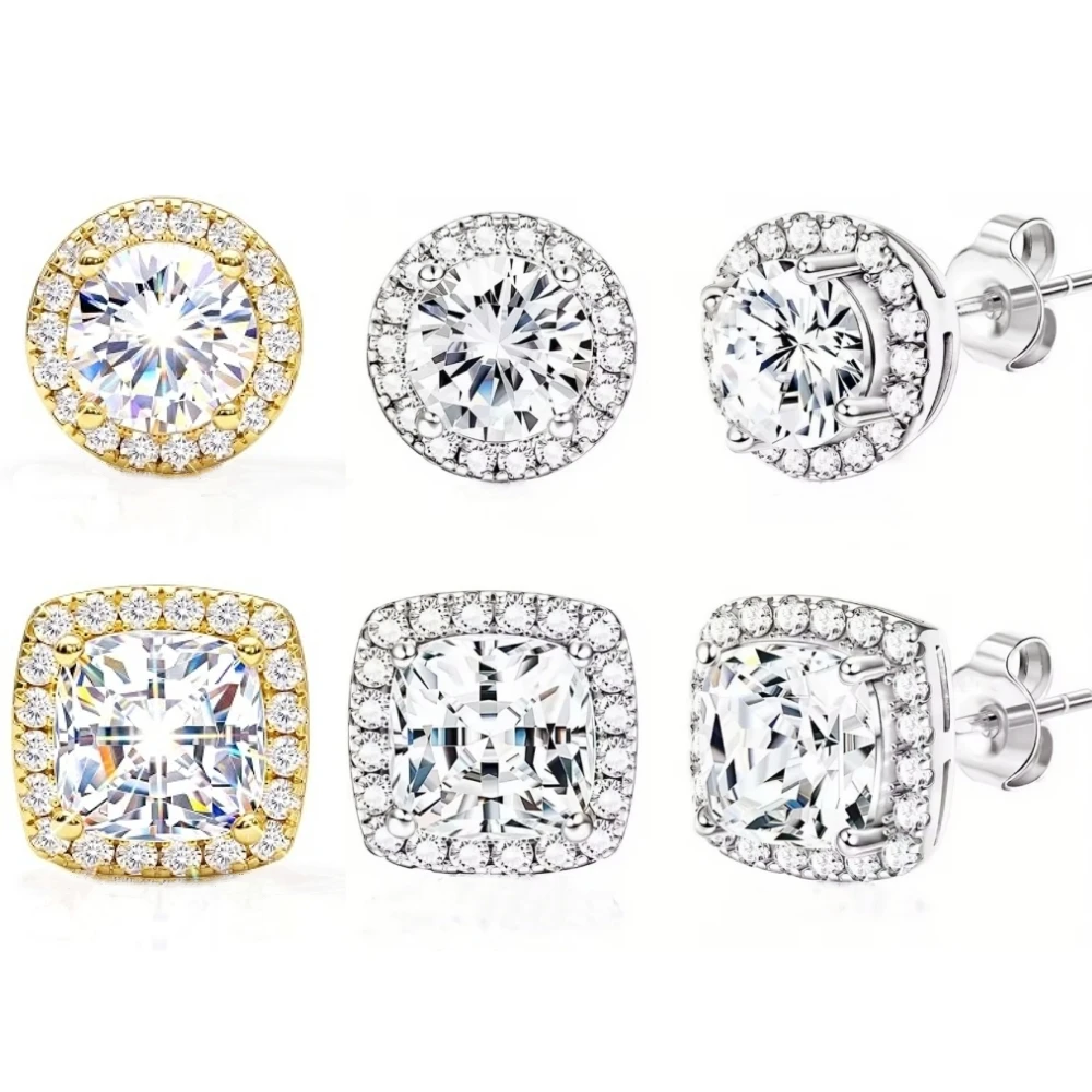 2 Pairs Cubic Zirconia Fake Diamond Earrings, Halo Round Square Studs Set, Unisex，Birthday Christmas New Year Gift