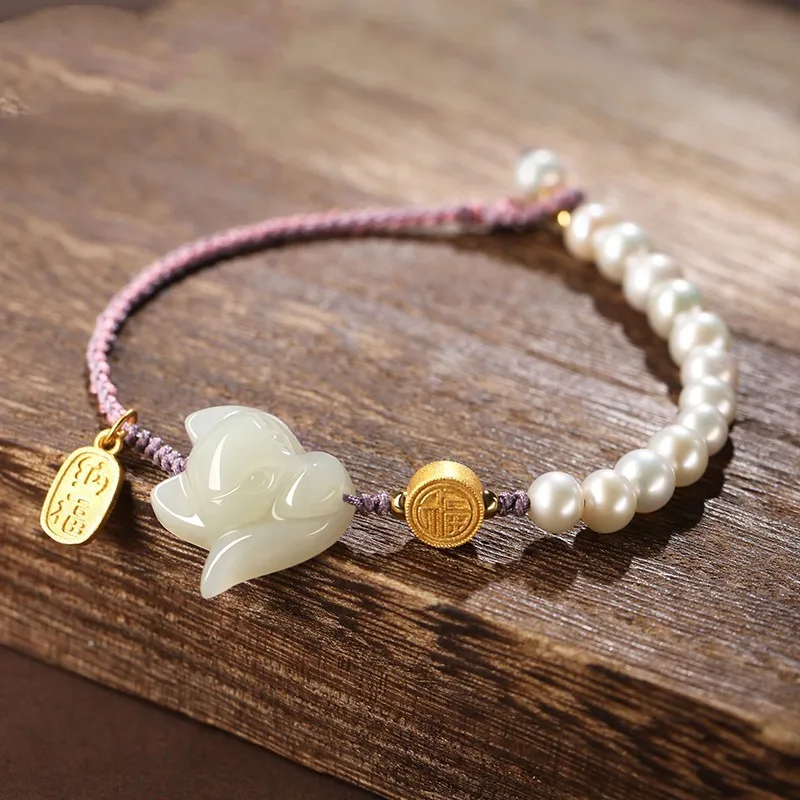 New Hetian Jade Little With Pearls Girls, Nine-Tailed Silver Bracelet