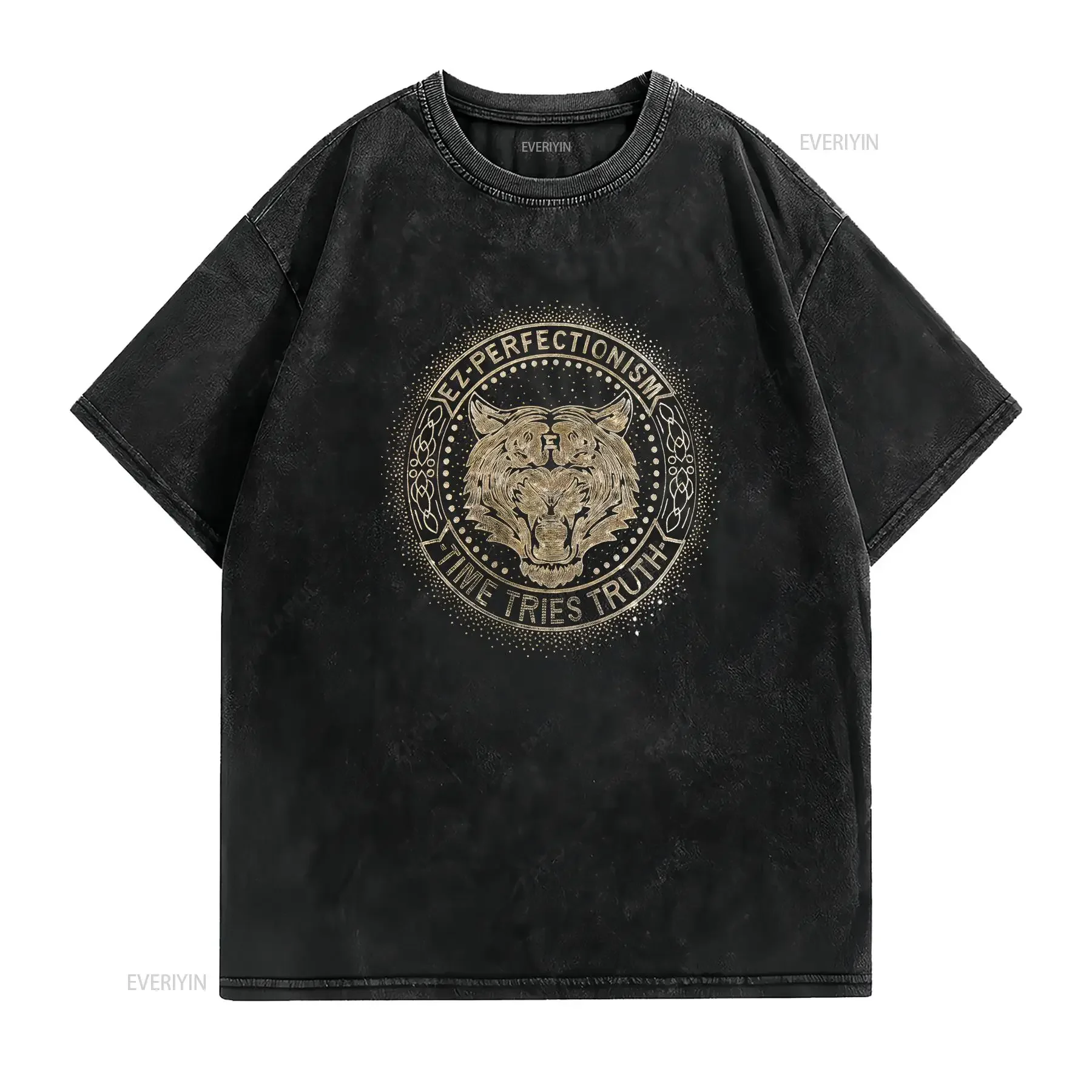 New Men Luxury Tiger Rhinestones Fashion Black White T Shirt High Quality vintage Washed fashion Versatile