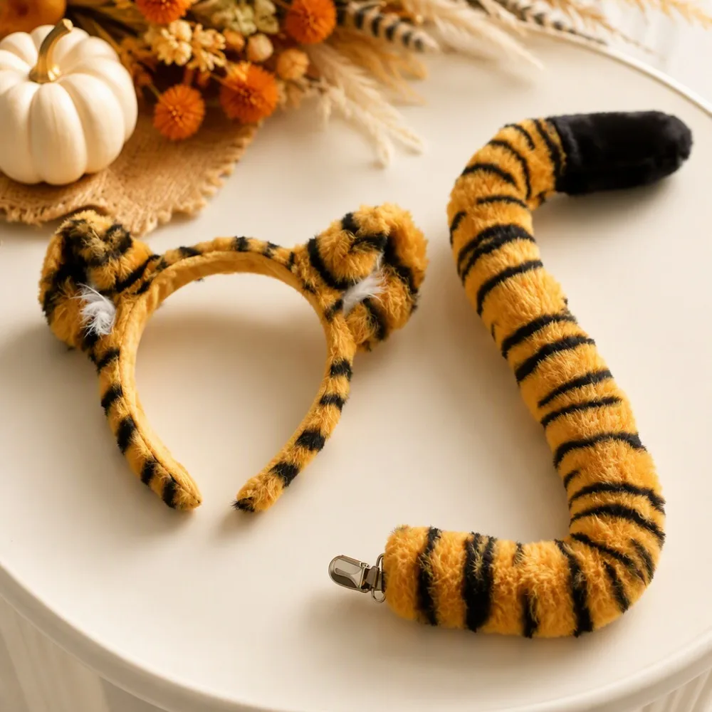 2 Pieces Tiger Accessory Tiger Ears Headband and Tail Tiger Cosplay Costume for Halloween Animal Ole-Play Styling Dress Up
