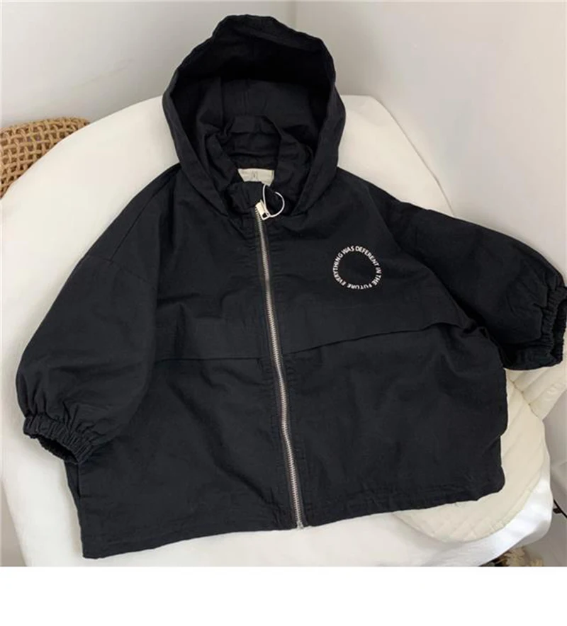 2025 New Spring Autumn Boys Hooded Jacket Letters Fashion Handsome Children's Windbreaker Coat Long Sleeves Zipper Outerwear
