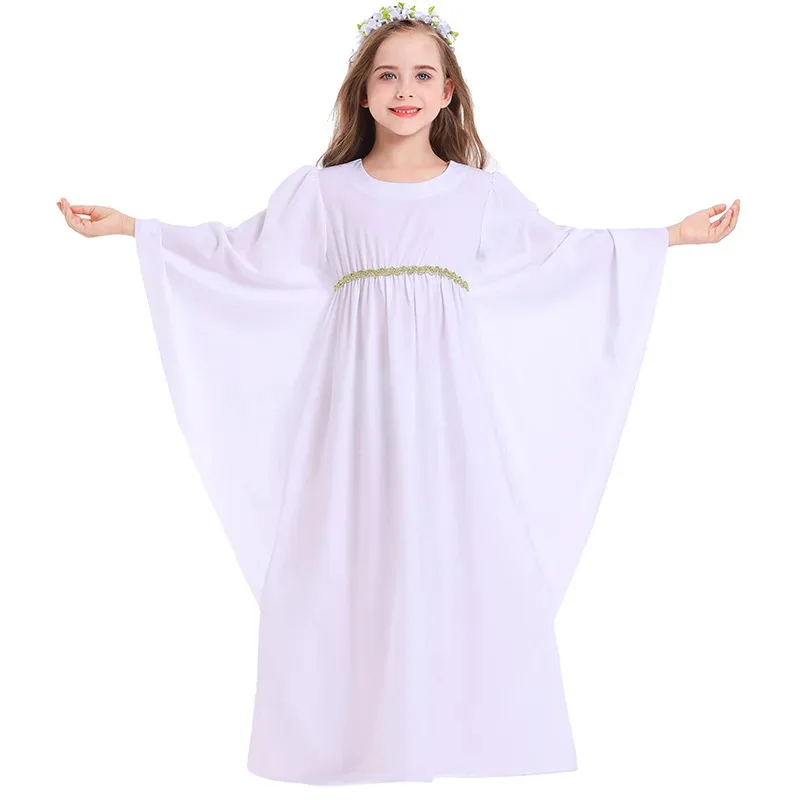 

Children Girl Halloween White Angel Costume Kids Stage Performance Wear Fairytale Greek Goddess Dress