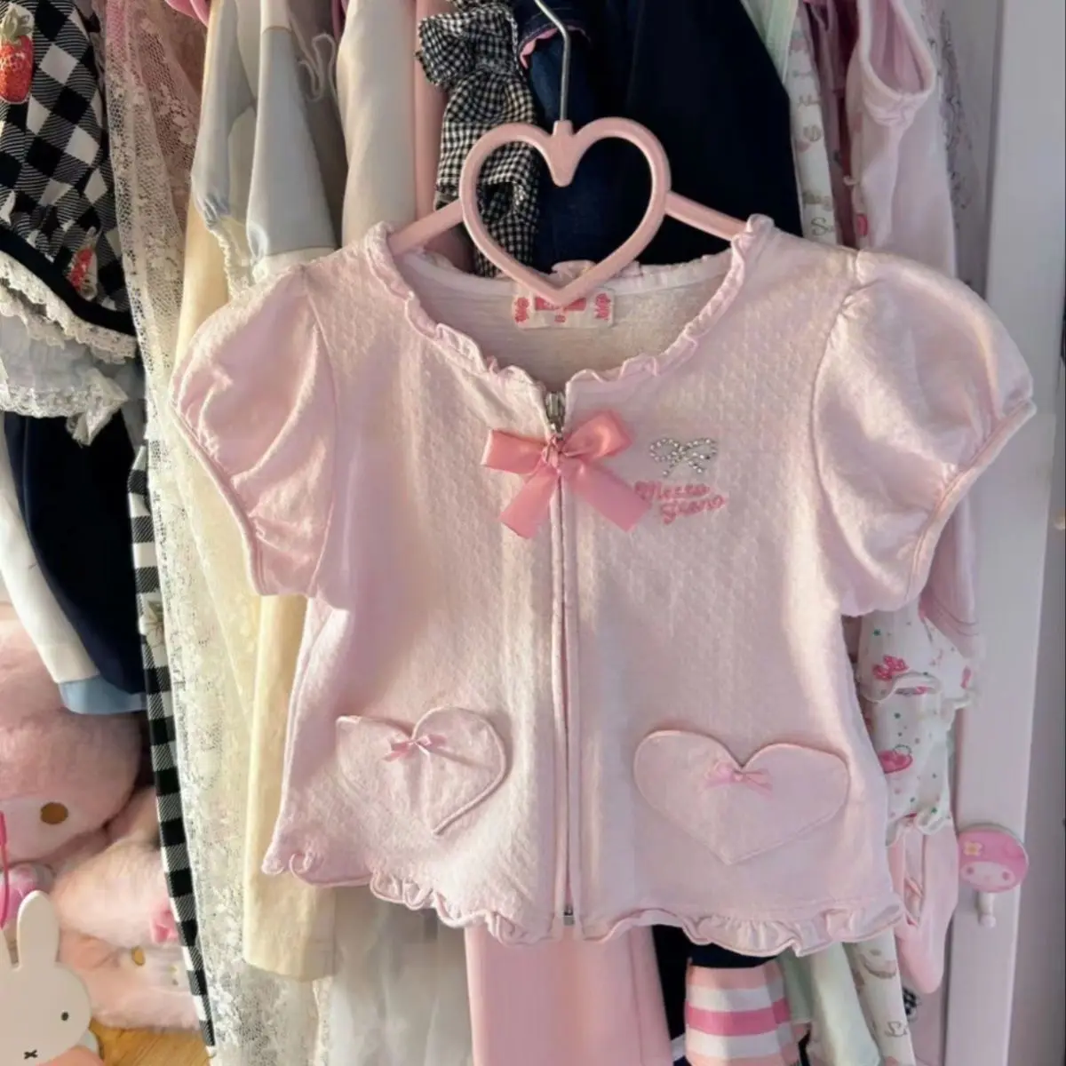 

Japanese Cartoon Mp Short Sleeved Cute Bow Zipper Cardigan Summer Sweet Girl Flounce Double Pocket Cropped Jacket Y2k Top