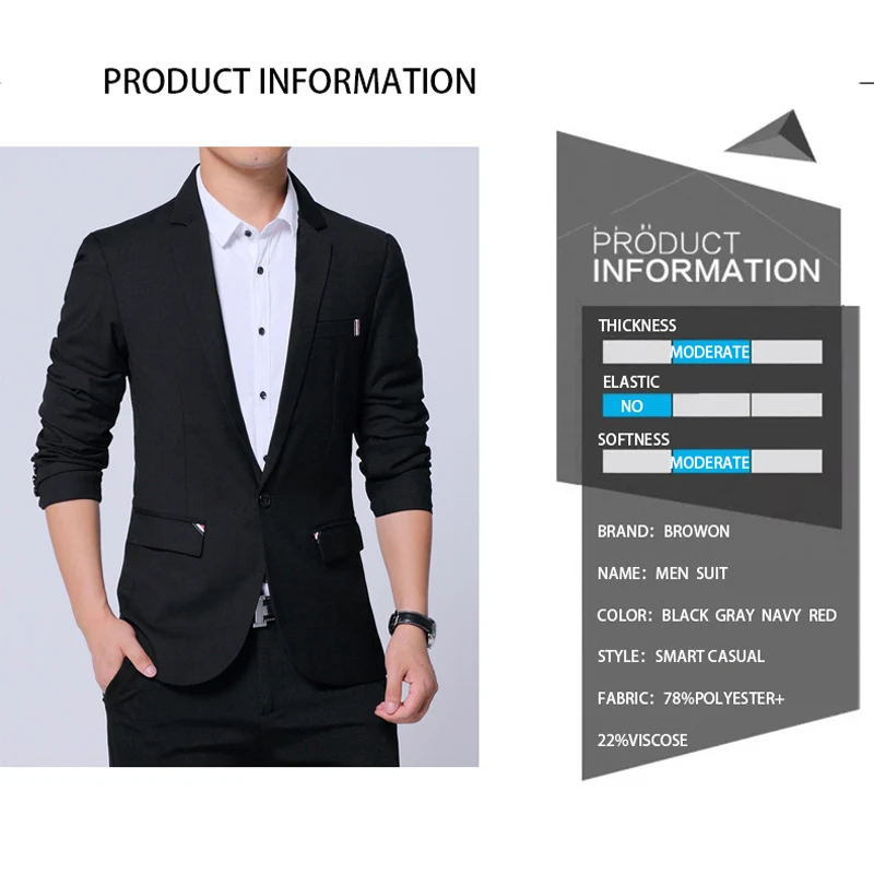 BROWON 2026 New Spring Autumn Men Suit Jacket Mens Korean Slim Fit Solid Color Smart Casual Work Clothing Men\'s Suits Blazers