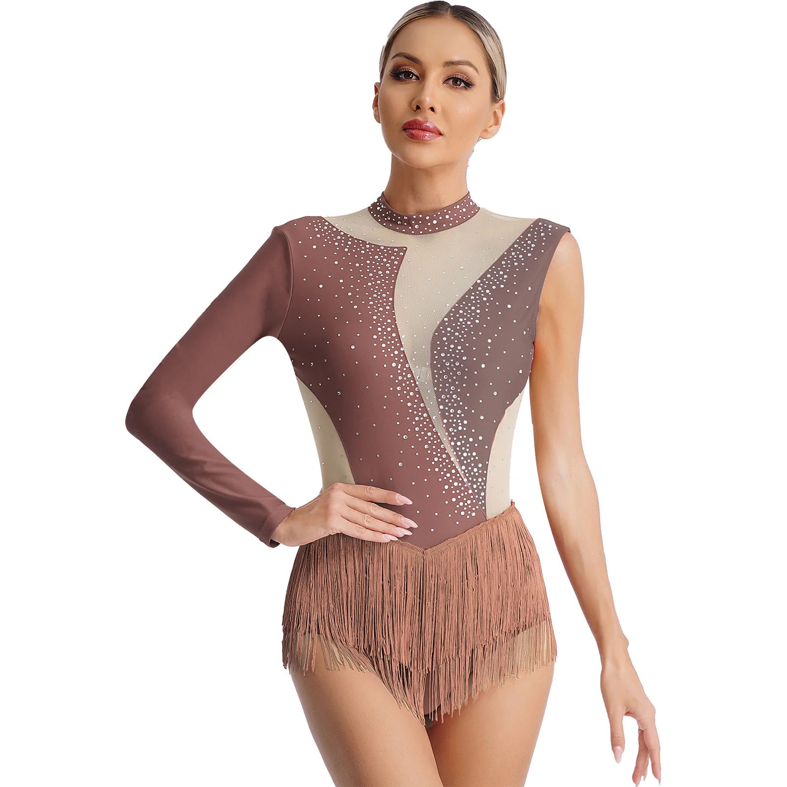 Womens Gymnastics Jumpsuits Femme Figure Skating Tassel Leotard Mesh Patchwork Long Sleeve Fringed Bodysuit Latin Dance Costume