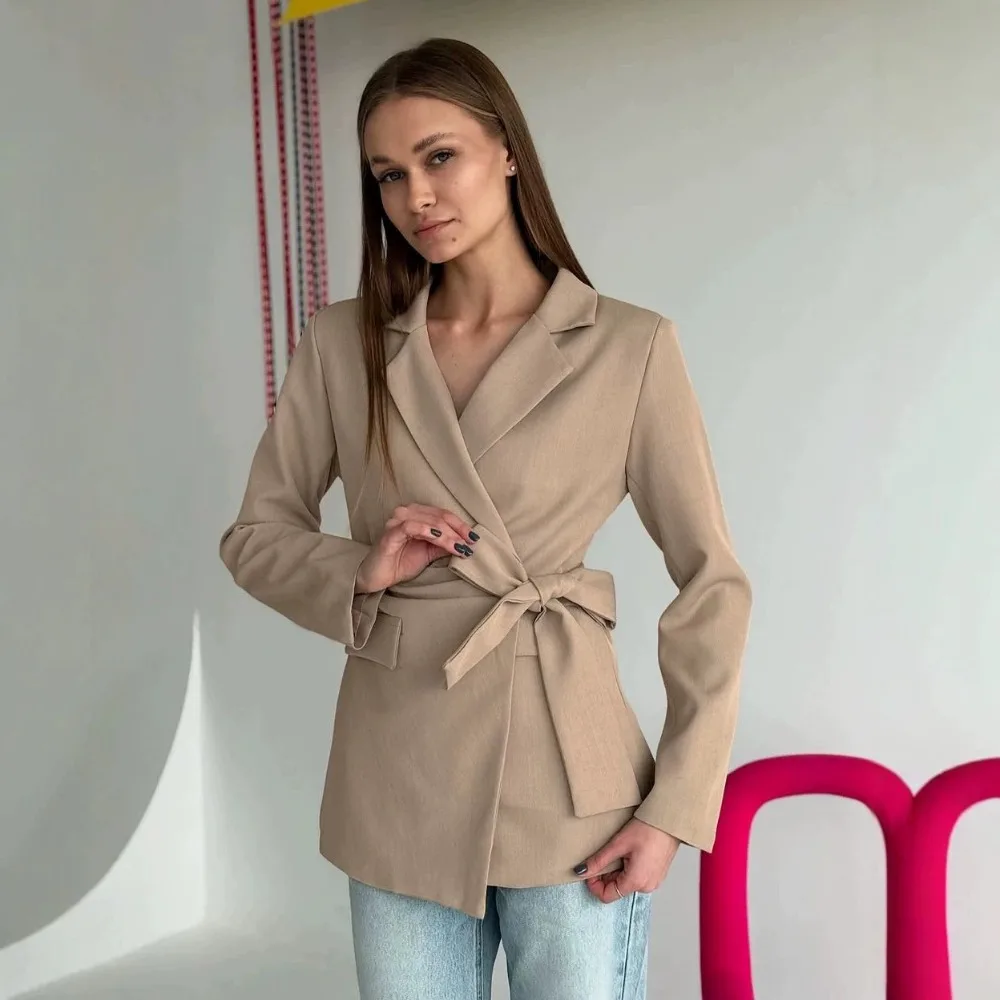 Elegant Wrapped Lace Up Blazer Autumn and Winter Women Chic Loose Warm Office Meetings Interviews Workplace Travel Casual Jacket