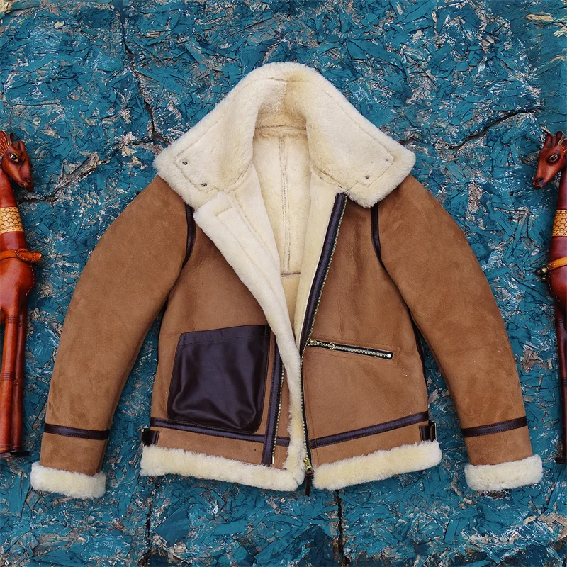 Light Brown Winter Shearling JAcket Men Retro Style Plus Size 4XL Genuine Natural Thick Sheepskin Turn-Down Collar Warm Coat