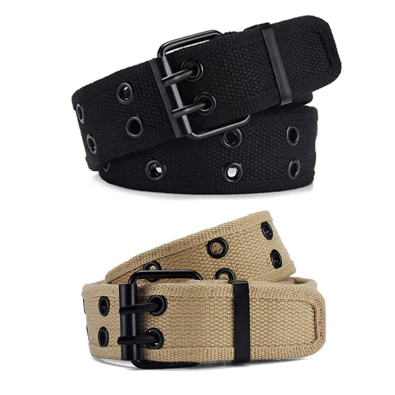 Minimalist Unisex Double-Buckle Canvas Belt Practical Double-Vent Pin Buckle Belts Sturdy and Durable Jeans Belt for Students