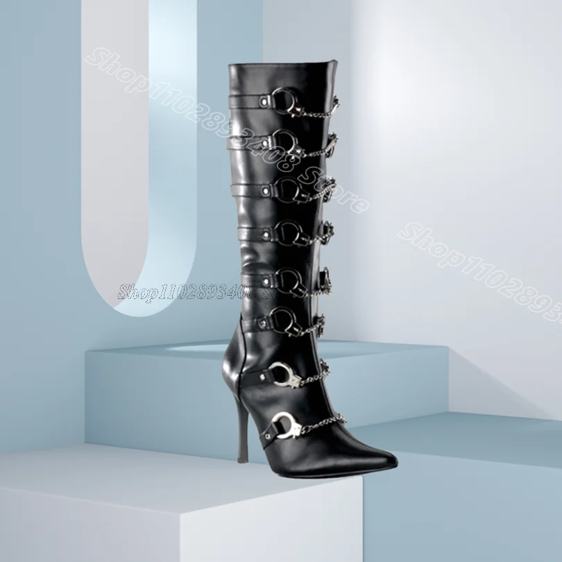 

Black Chain Decor Leather Boots Pointed Toe Solid British Style Spring Women Casual Fashion Knee Boots 2025 Zapatos Para Mujere
