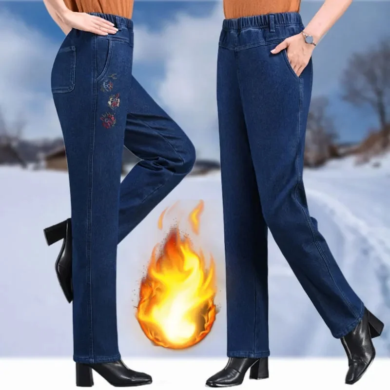 Women Winter Jeans Warm Fleece Denim Straight Pants Female Stretch High Waist Casual Denim Pants Middle-Aged Mother Pants