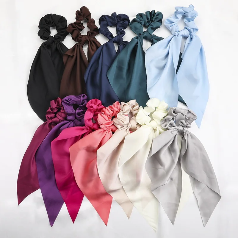 1Pc Solid BowKnot Hair Ties Scrunchies Women Girls Elastic Hair Bands Long Headwear Ribbon Bow Ponytail Hair Accessories Braids