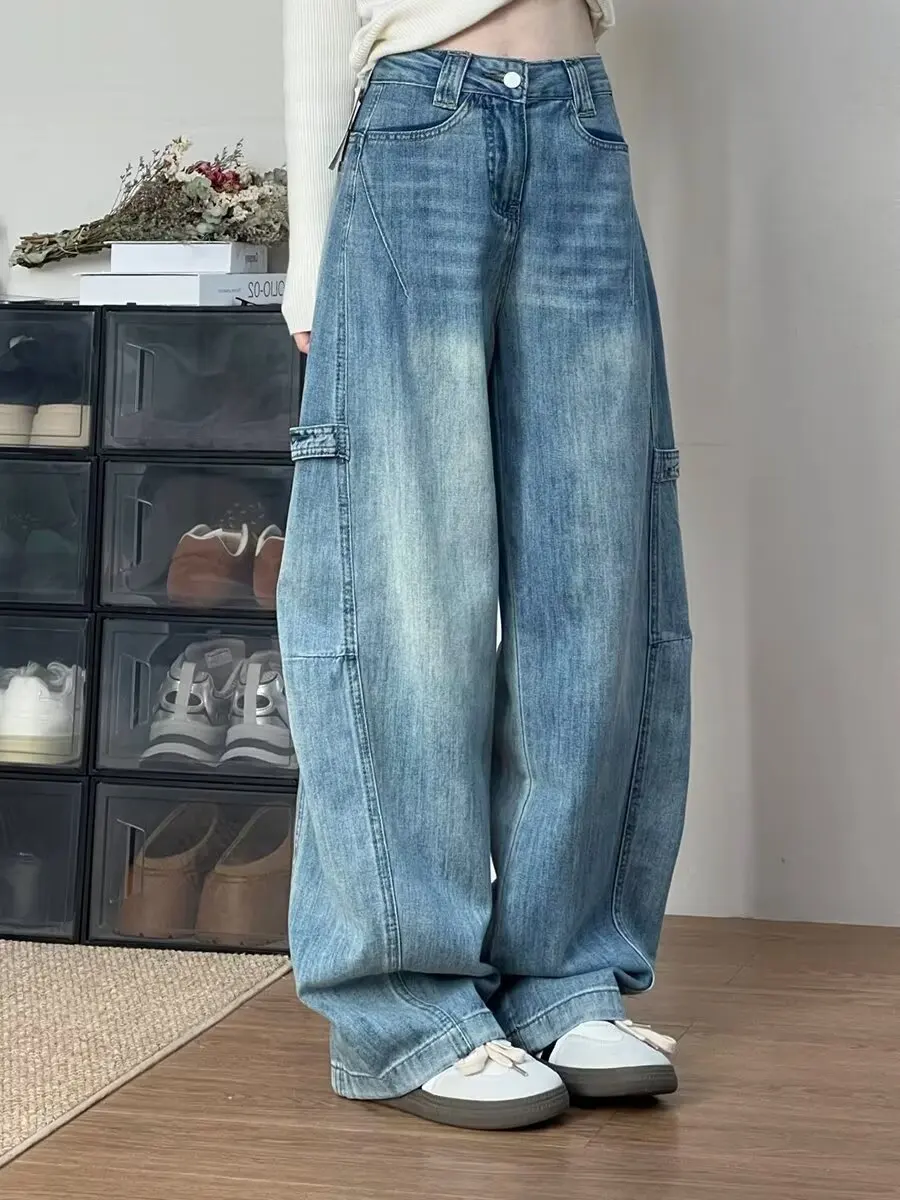 Amerykańskie retro szerokie jeansy robocze damskie luźne z wysokim stanem proste nogawki długie spodnie wiosna jesień duży rozmiar designerskie...