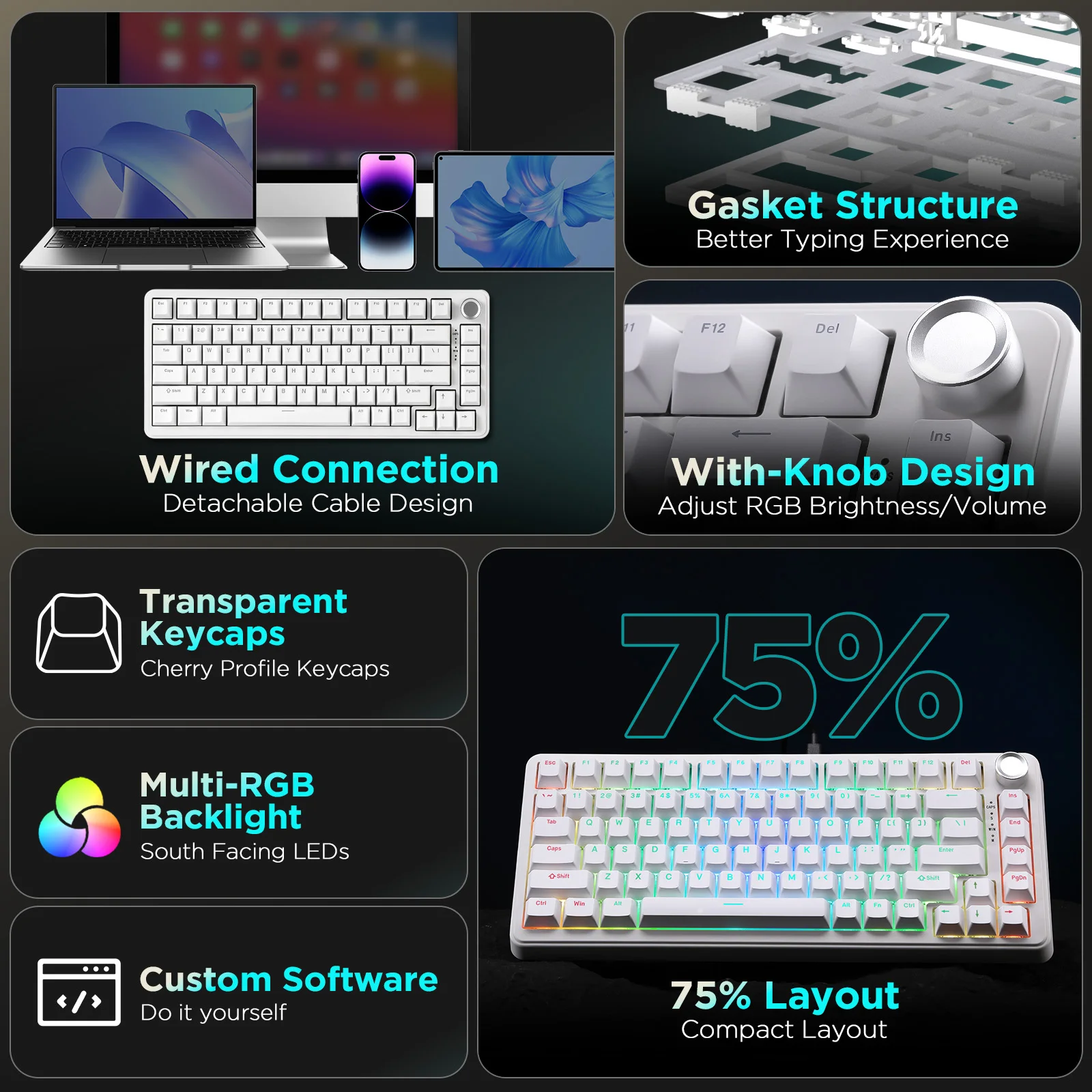 YUNZII B75 White RGB Mechanical Keyboard, 75% Hot Swappable Gaming Keyboard with Knob, Gasket Backlight Keyboard for Win/MAC