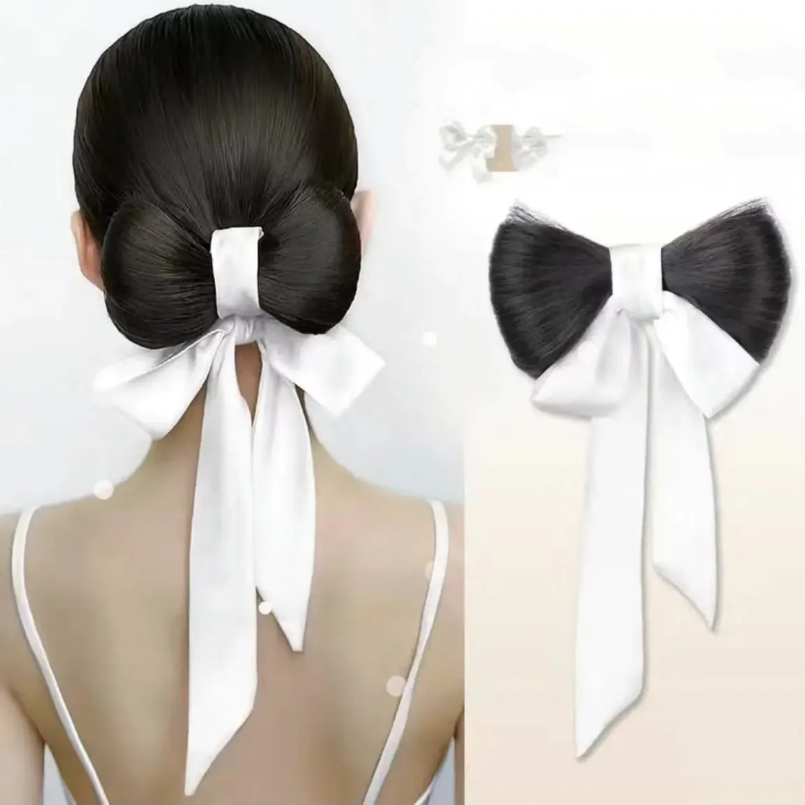 Estilo coreano fita arco grampo de cabelo peruca em forma de bola peruca sintética com extensões de clipe de mola para mulheres estilo versátil