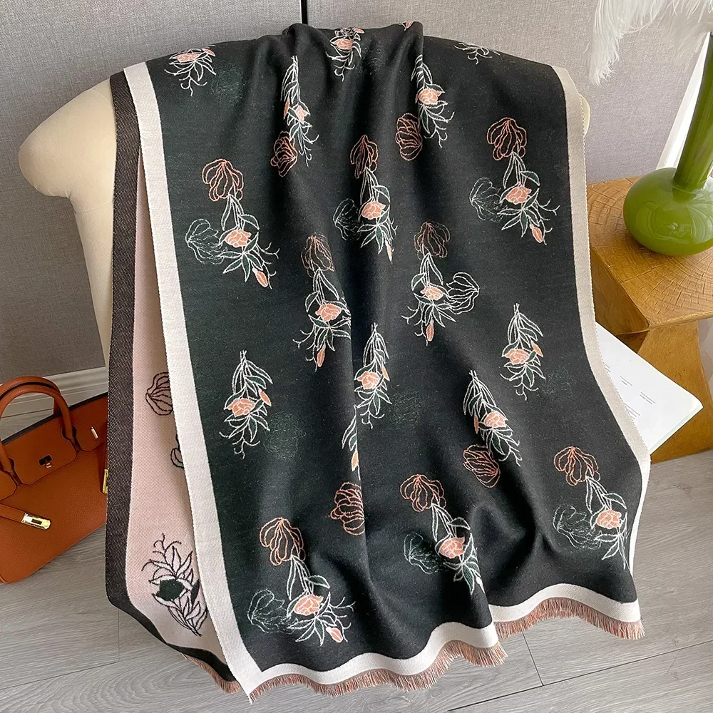 Thick Winter Poncho Women Scarf Luxury Floral Warm Shawl and Wrap Cashmere Pashmina Scarves Design Blanket Bufanda Echarpe 2023